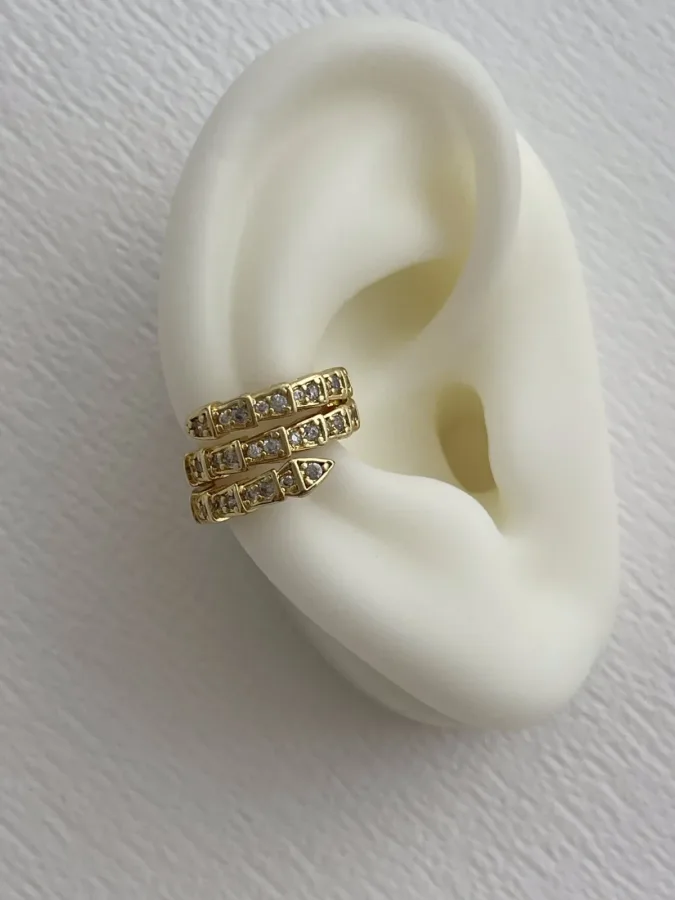 Özel Seri Zirkon Taşlı Yılan Tasarım Gold Earcuff Küpe