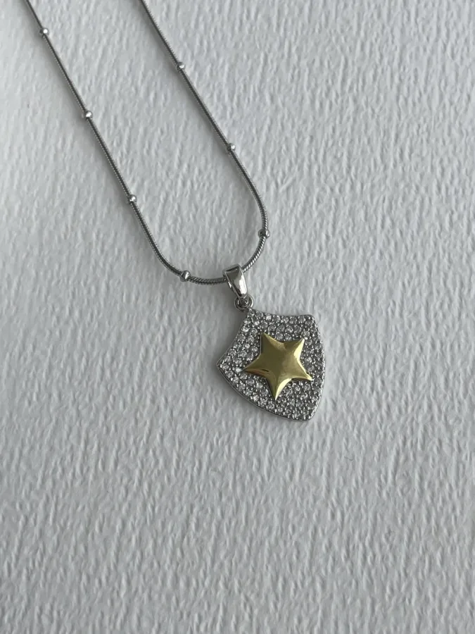 Çelik Zirkon Taşlı Gold &amp; Gümüş Yıldız Tasarım Kolye