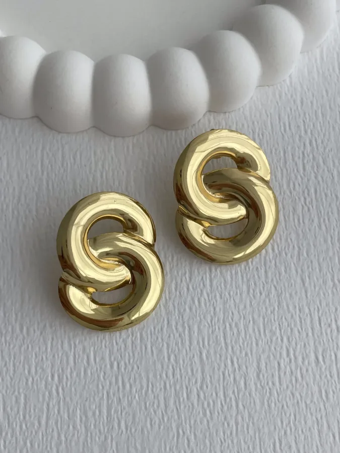 Çelik İç İçe Halka Tasarım Gold Küpe