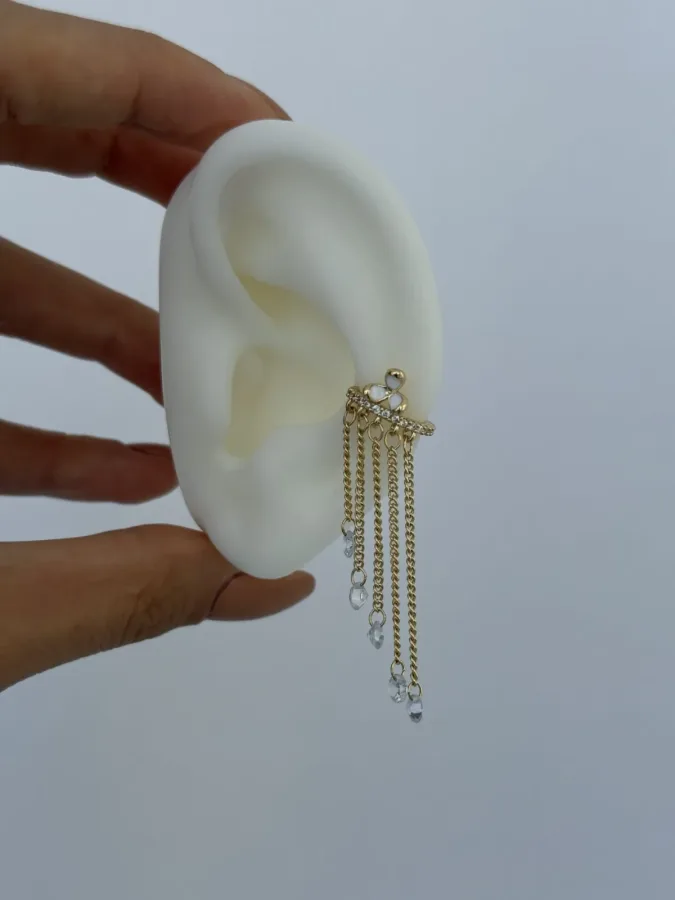Özel Seri Çiçek Tasarım Taşlı Sallantılı Zincir Gold Earcuff