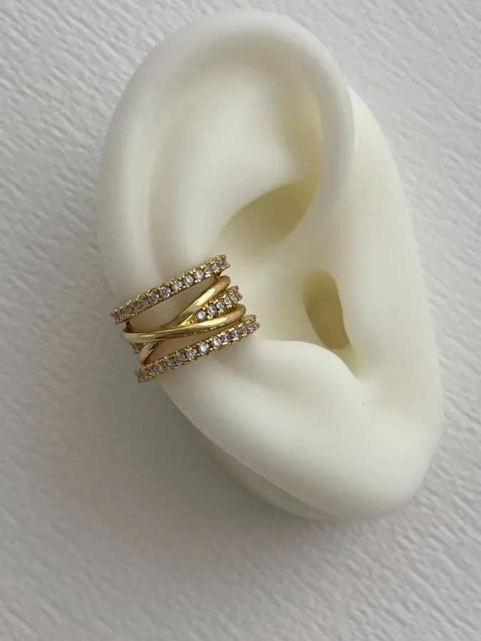 Özel Seri Zirkon Taşlı X Tasarım Gold Earcuff Küpe