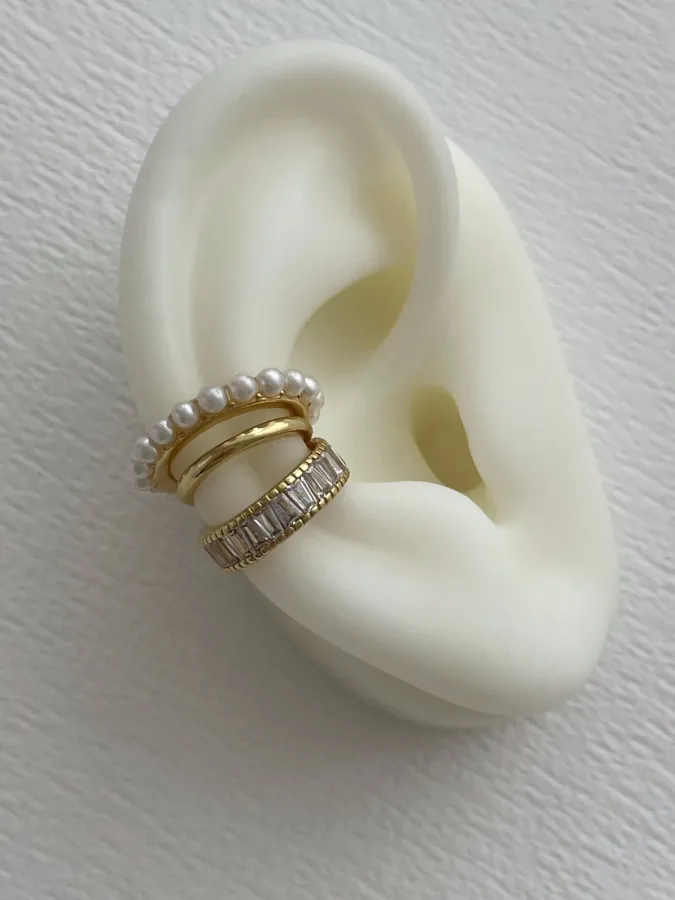 Özel Seri Baget Taş Tasarım İnci Detay Gold Earcuff Küpe