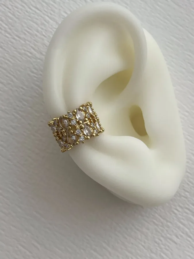 Özel Seri Zirkon &amp; Baget Taşlı Damla Tasarım  Gold Earcuff Küpe