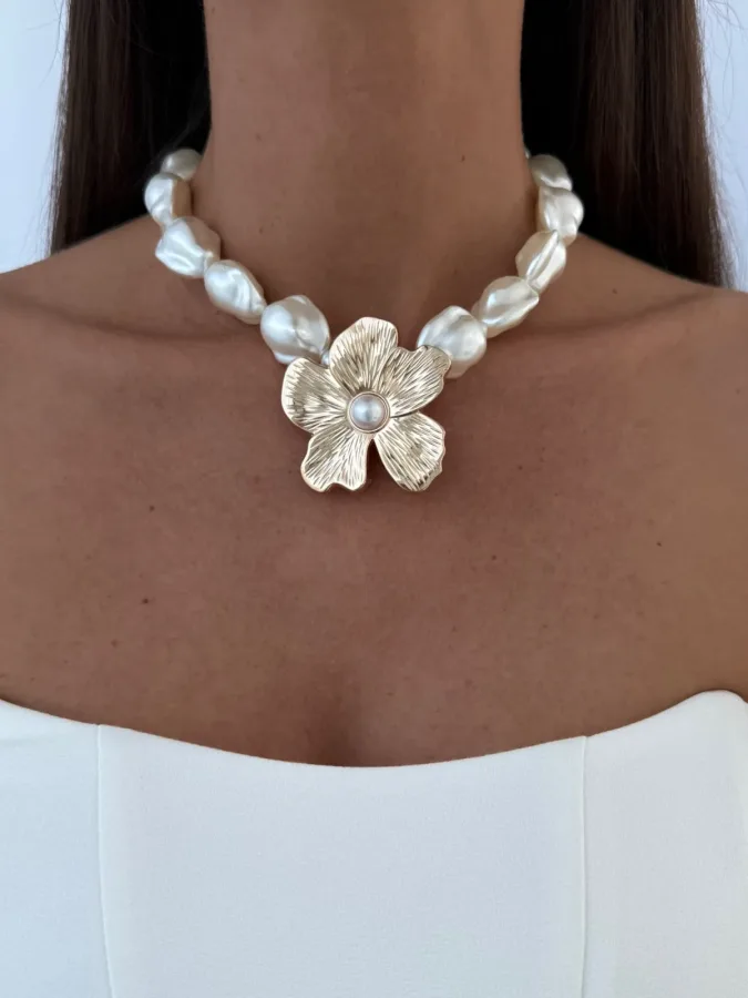 Özel Seri Gold Çiçek Büyük Barok İnci Choker Kolye