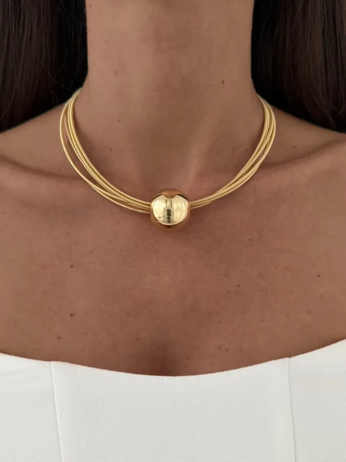Özel Seri Tel Tasarım Top Detay Gold Choker Kolye