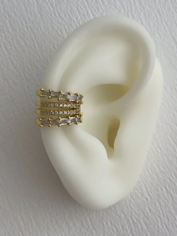 Özel Seri Zirkon &amp; Baget Taşlı Dörtlü Tasarım Gold Earcuff Küpe