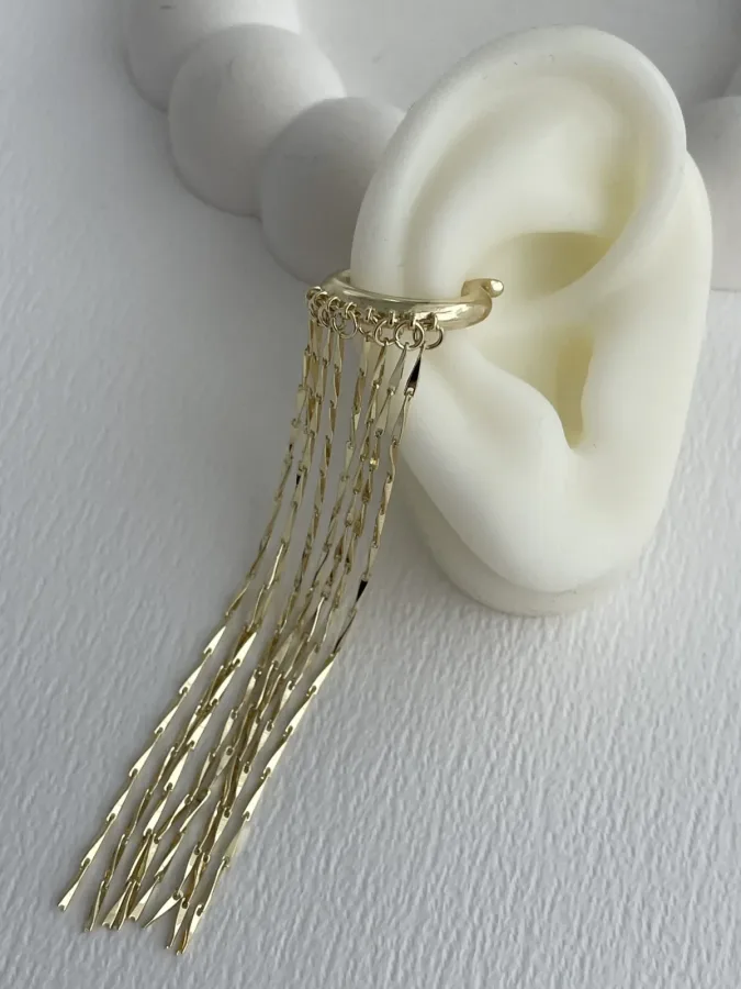 Özel Seri Ezme Zincir Sallantılı Gold Earcuff Küpe