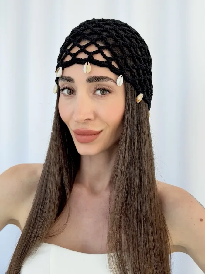 ZR Model Deniz Kabuğu Detay Siyah File Şapka