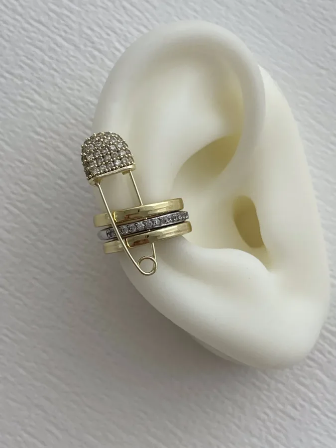 Özel Seri Zirkon Taşlı Oval Tasarım İkili Gold Earcuff Küpe