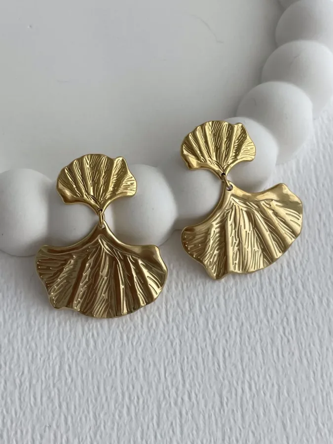 Çelik Yaprak Tasarım İkili Gold Küpe