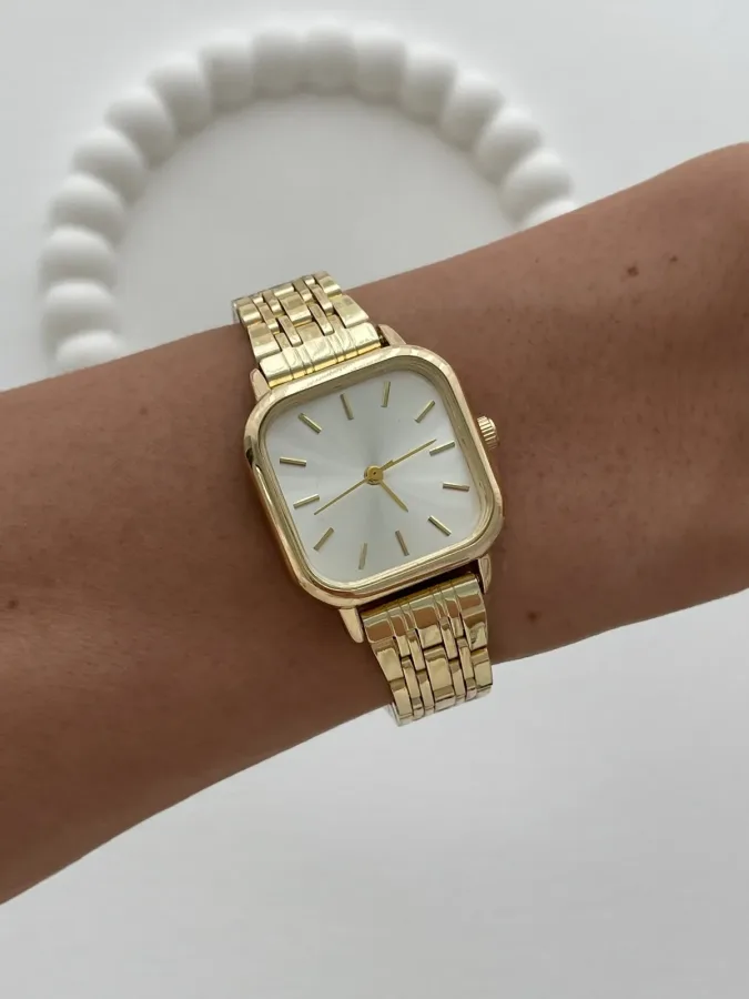 Kare Tasarım Kadranı Beyaz Gold Vintage Saat