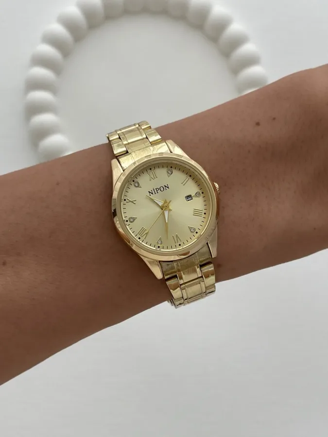 Yuvarlak Tasarım Zirkon Taşlı Kadranı Sarı Gold Vintage Saat