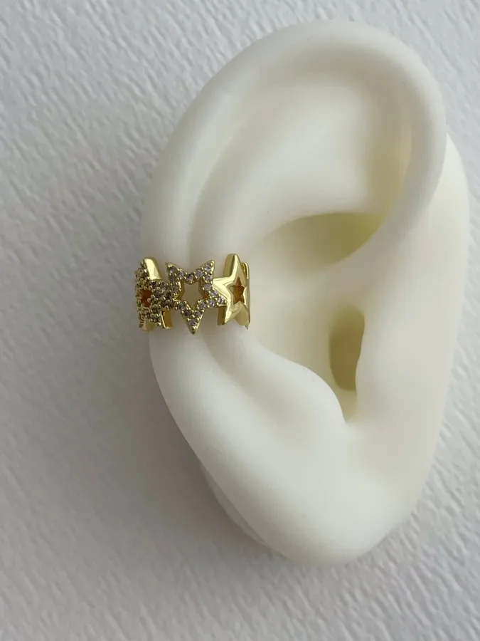 Özel Seri Zirkon Taşlı Yıldız Tasarım Gold Earcuff Küpe