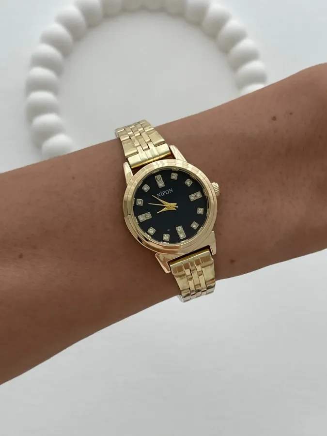 Yuvarlak Tasarım Zirkon Taşlı Kadranı Siyah Gold Vintage Saat