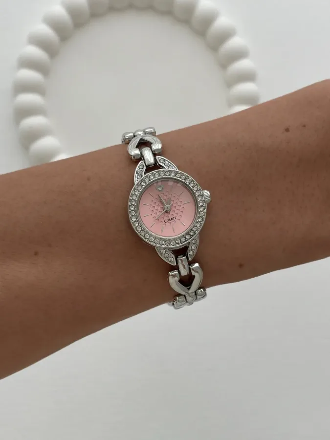 Yuvarlak Tasarım Zirkon Taşlı Kadranı Pembe Gümüş Vintage Saat