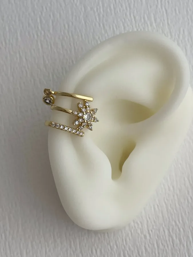 Özel Seri Zirkon Taşlı Çiçek Tasarım Gold Earcuff Küpe